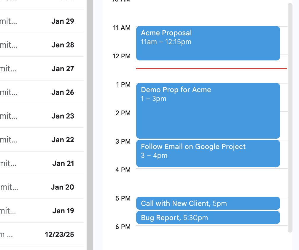 Calendar day view with multiple client events and gaps